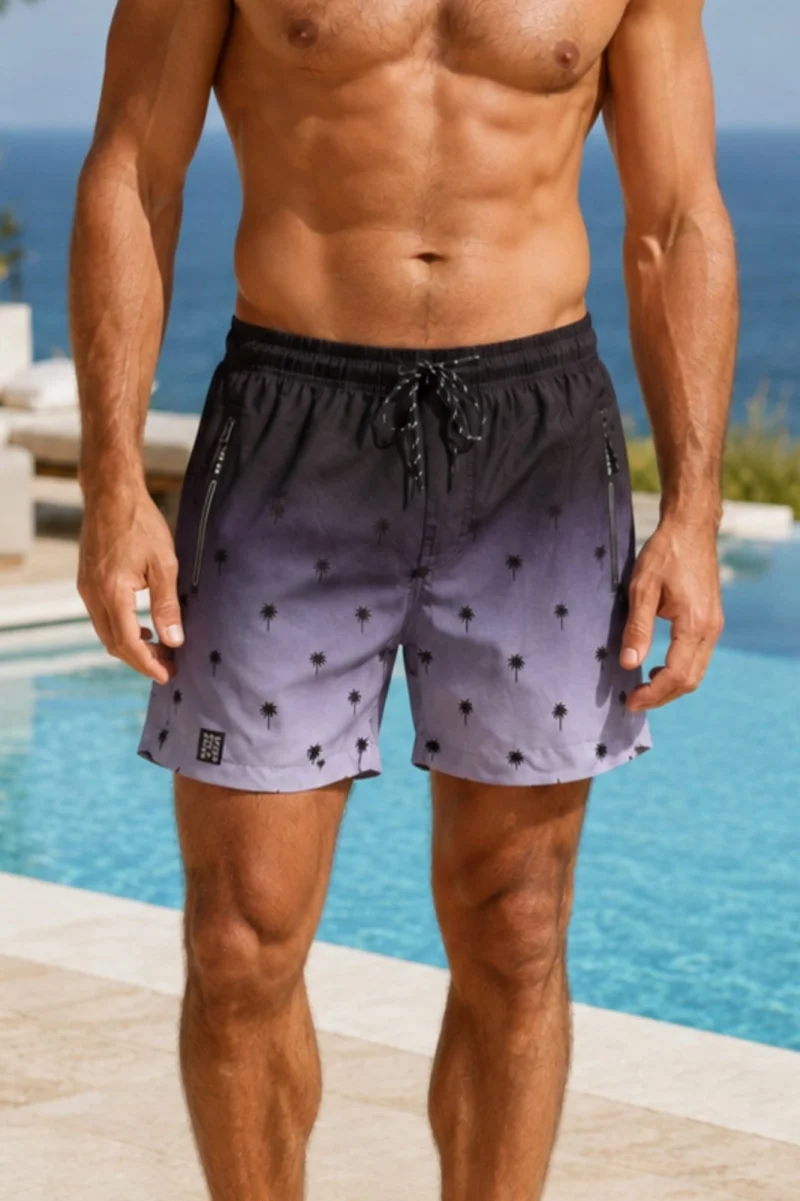 Sort de baie barbati premium, tip pantalon scurt, buzunare cu fermoar, negru gri 8354 -resinge apa