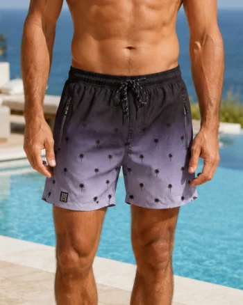 Sort de baie barbati premium, tip pantalon scurt, buzunare cu fermoar, negru gri 8354 -resinge apa