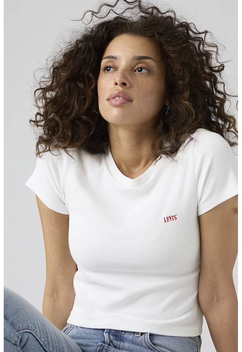 Tricou crop cu croiala cambrata, Alb optic