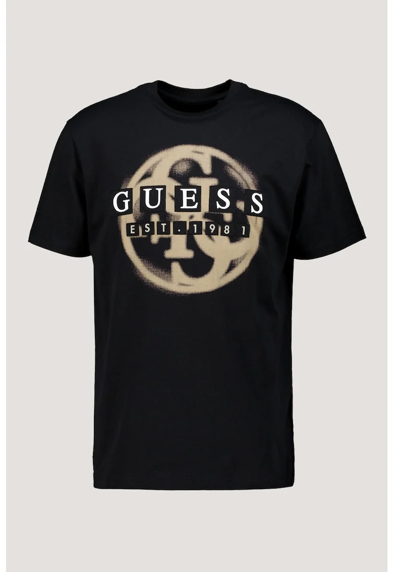 Tricou regular fit din bumbac cu imprimeu logo supradimensionat, Negru/Maro
