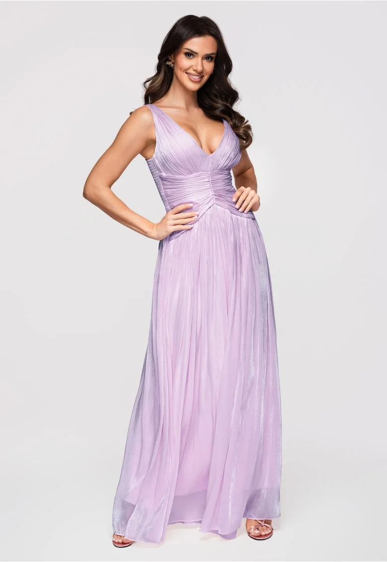 Rochie maxi de seara cu decolteu in V, talie drapata, Mov