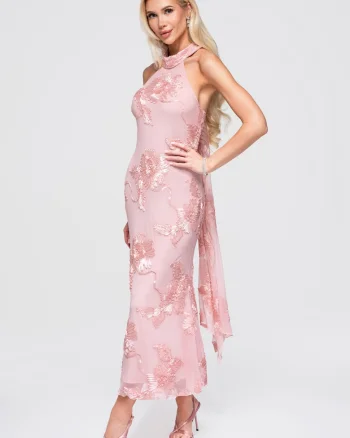Rochie maxi cu decolteu halter, talie evidentiata si aplicatii florale, Roz