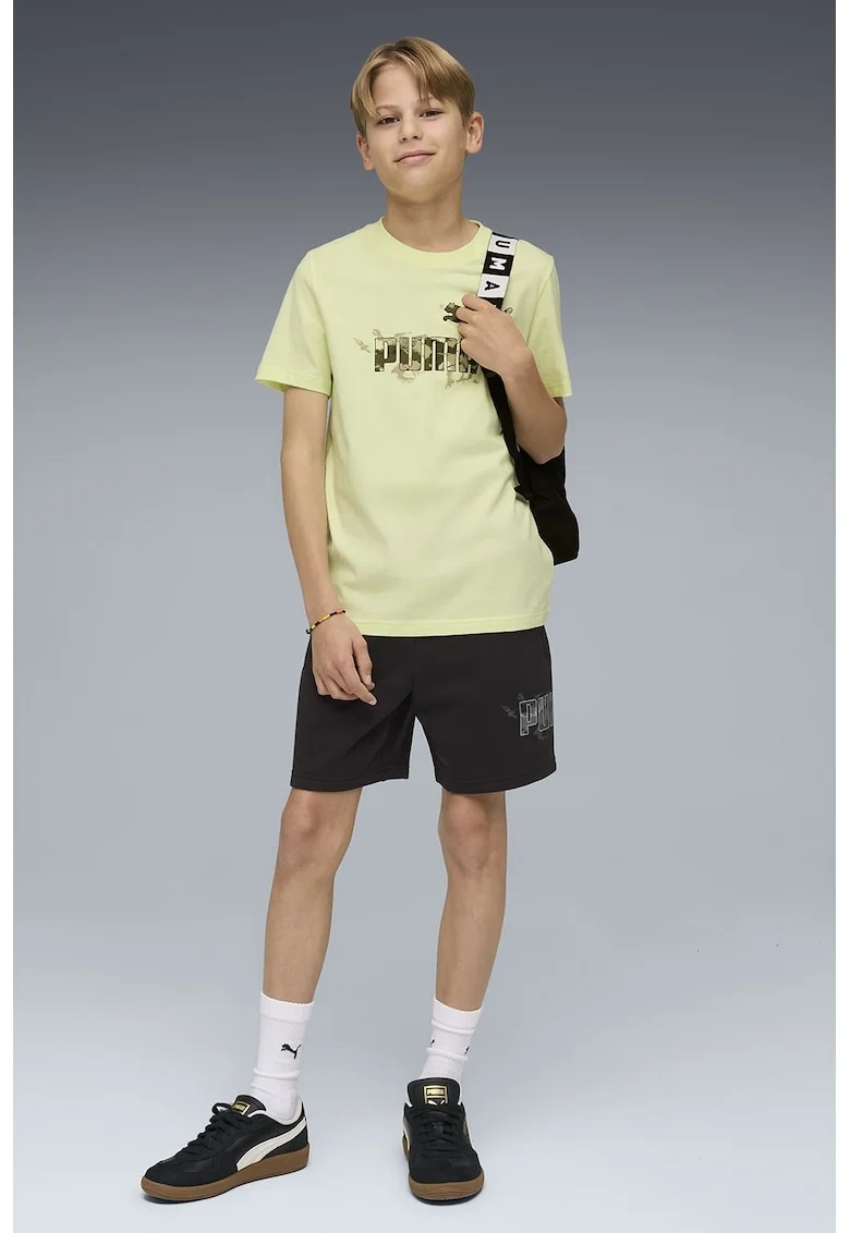 Tricou cu decolteu la baza gatului si imprimeu logo, Galben pal/Kaki inchis
