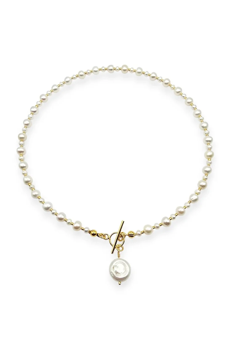 Colier handmade, din argint 925,  perle naturale, placat cu aur 24k, auriu/alb, 38 cm