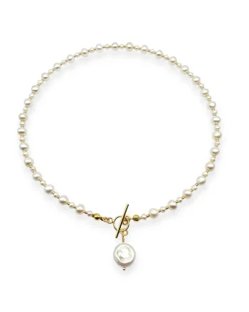 Colier handmade, din argint 925,  perle naturale, placat cu aur 24k, auriu/alb, 38 cm