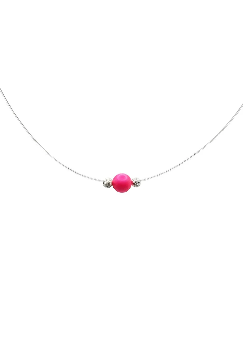 Colier handmade, fir transparent, argint 925,  perla Swarovski, roz/argintiu, 37 CM