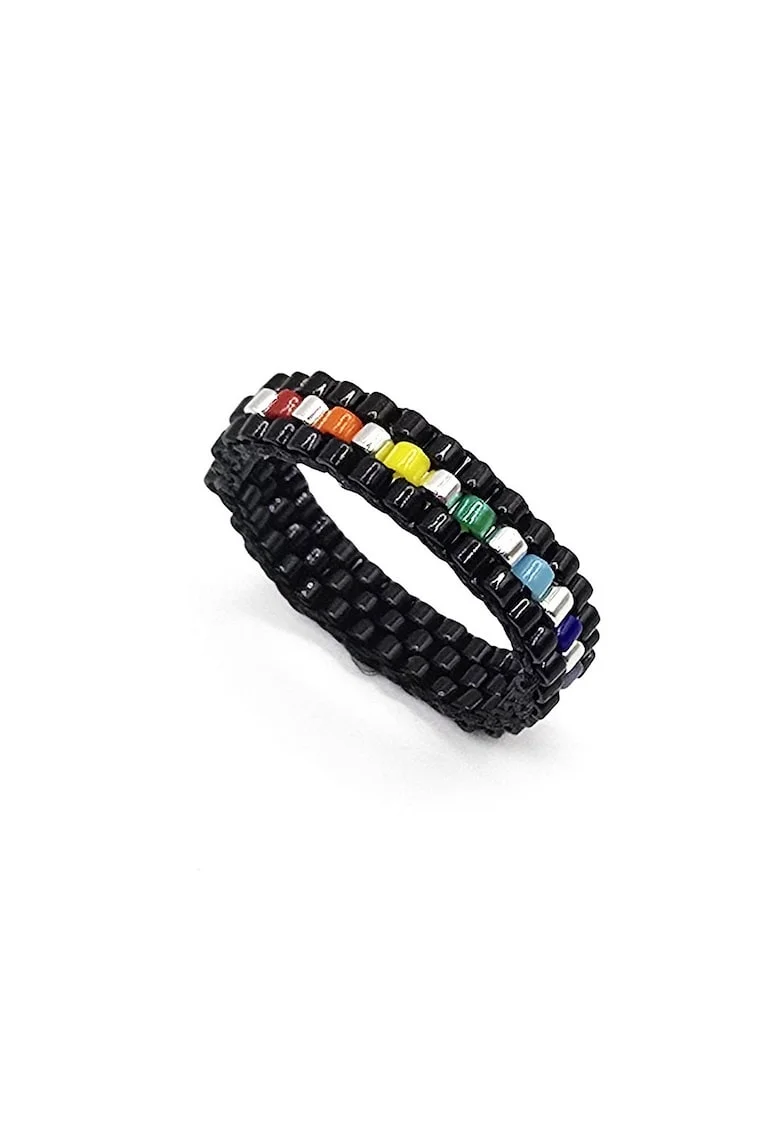 Inel tesut manual, placat cu argint,  margele Miyuki Delica, Rainbow, negru, Negru