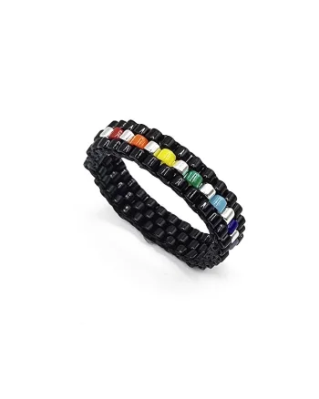 Inel tesut manual, placat cu argint,  margele Miyuki Delica, Rainbow, negru, Negru
