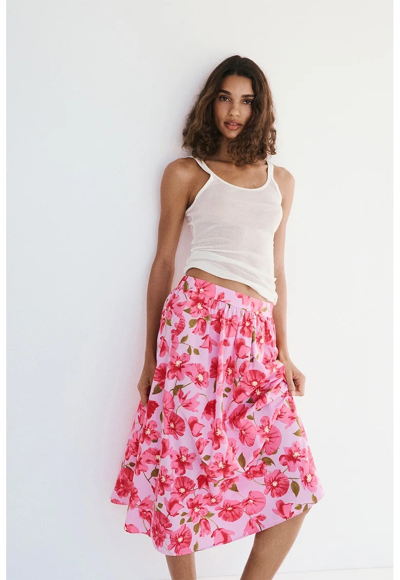 Fusta de bumbac cu imprimeu floral, Roz aprins/Roz pastel