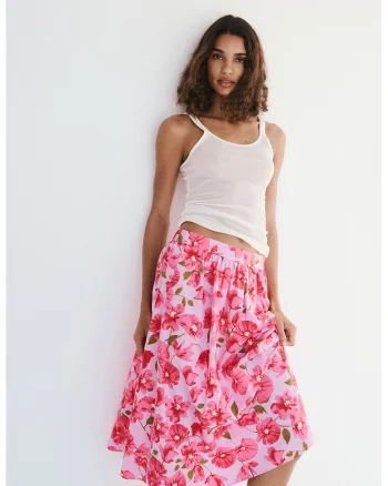 Fusta de bumbac cu imprimeu floral, Roz aprins/Roz pastel