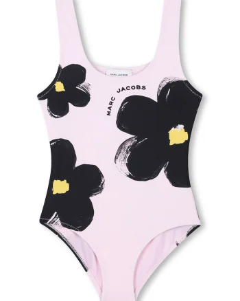 Costum de baie intreg cu model floral, Negru/Roz pal
