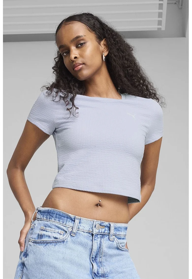 Tricou crop din amestec din bumbac, Blue Pale
