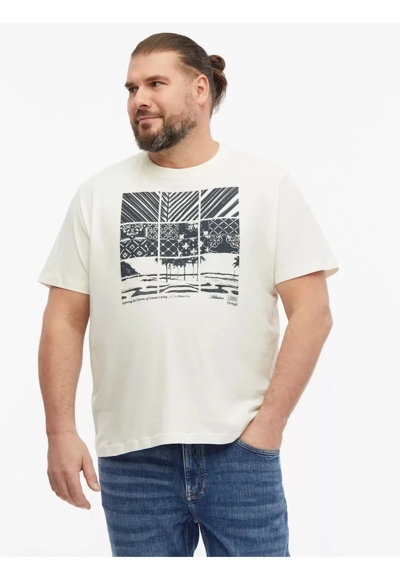 Big Sizes Tricou la baza gatului, barbati big sizes, din bumbac, cu imprimeu, Regular fit, Crem
