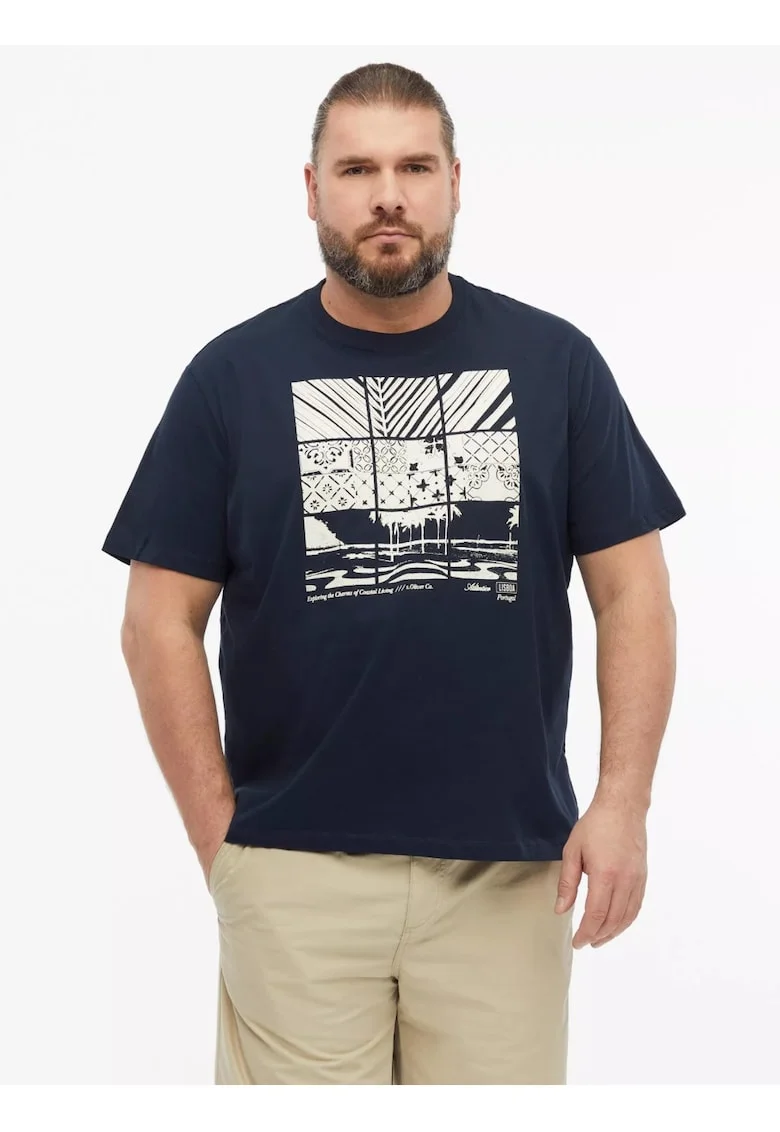 Big Sizes Tricou la baza gatului, barbati big sizes, din bumbac, cu imprimeu, Regular fit, Bleumarin inchis