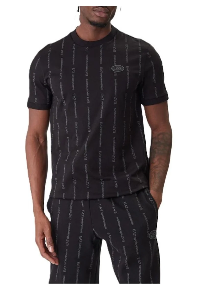 Tricou din bumbac cu model monograma, Negru/Gri inchis