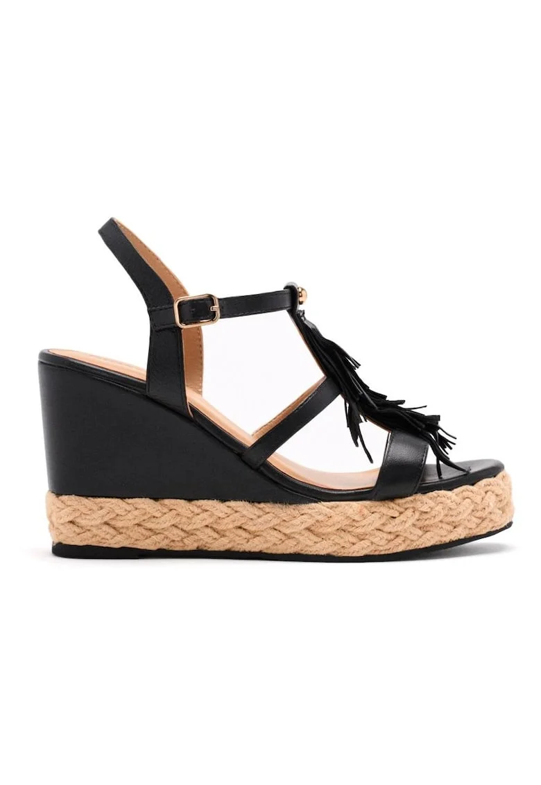 Sandale wedge de piele cu franjuri, Negru