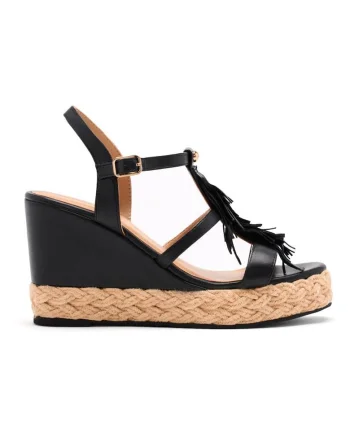 Sandale wedge de piele cu franjuri, Negru