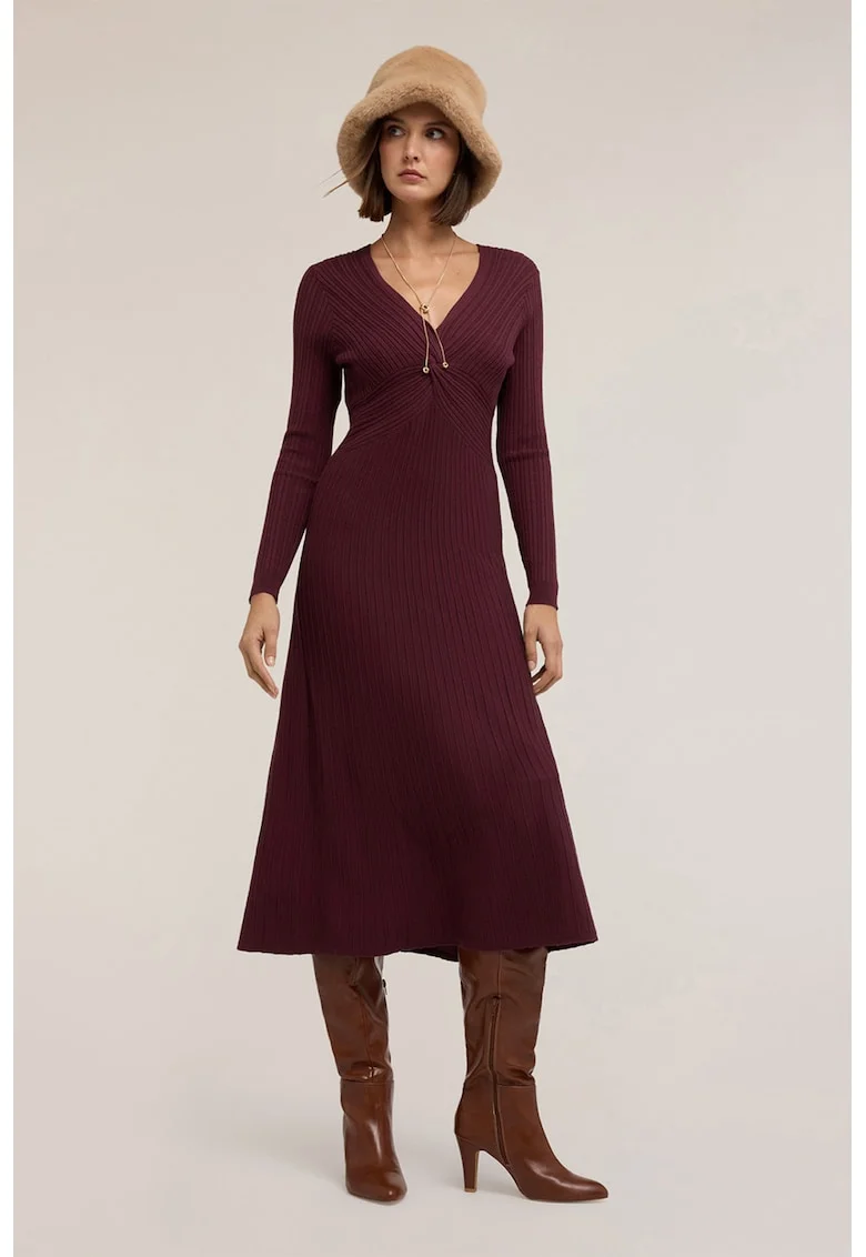 Rochie striata cu decolteu in V, Violet tyrian