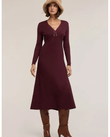 Rochie striata cu decolteu in V, Violet tyrian