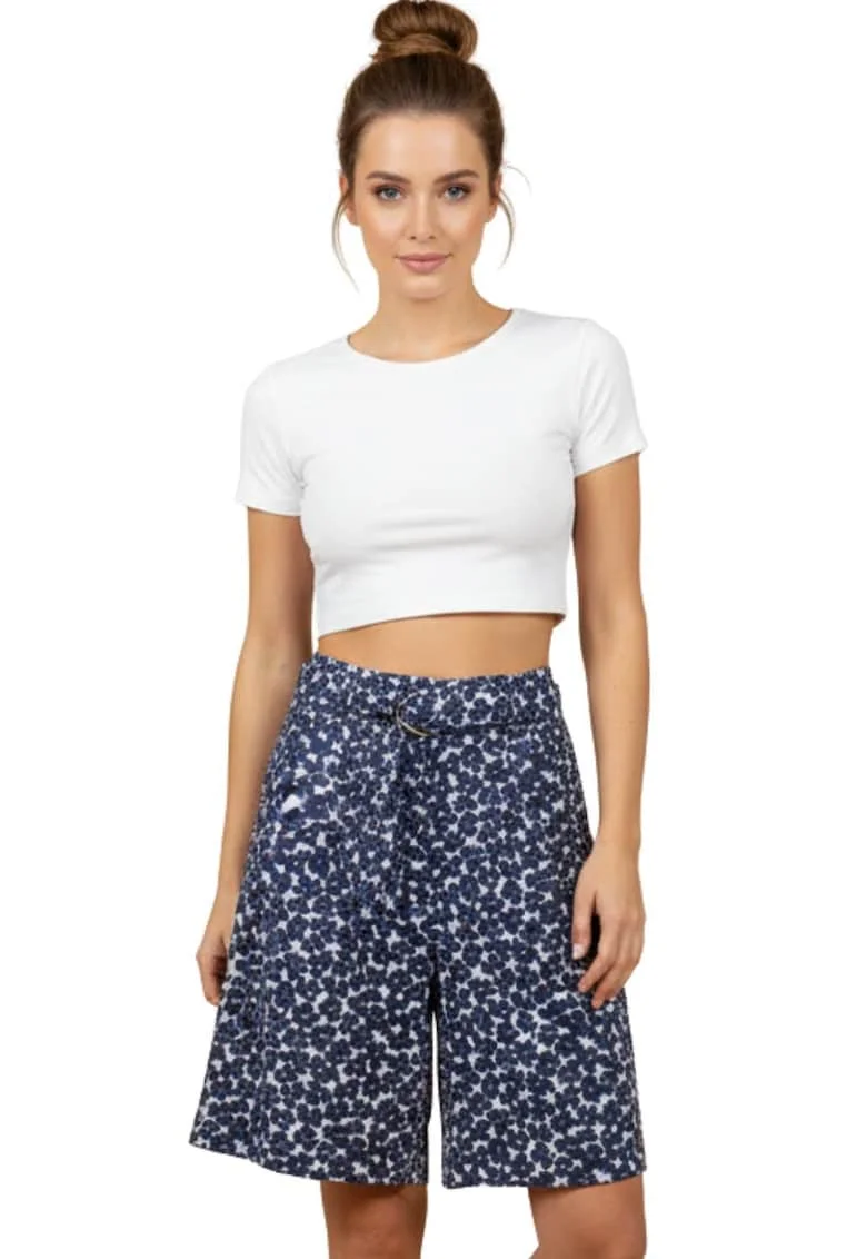 Bermude cu model floral, Alb/Albastru