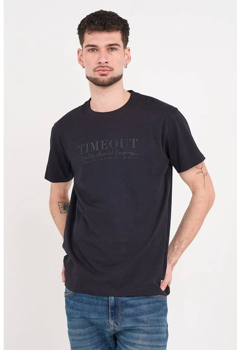 Tricou cu decolteu la baza gatului si imprimeu logo, Negru
