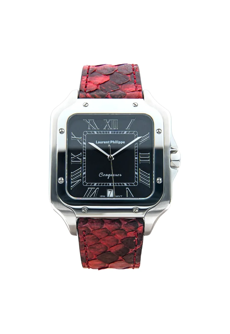 Ceas barbatesc  Black Orlov Serpent Rouge, cadran negru, curea piele de sarpe, mecanism quartz, inox