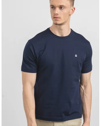 Tricou de bumbac cu decolteu la baza gatului si logo discret, Bleumarin