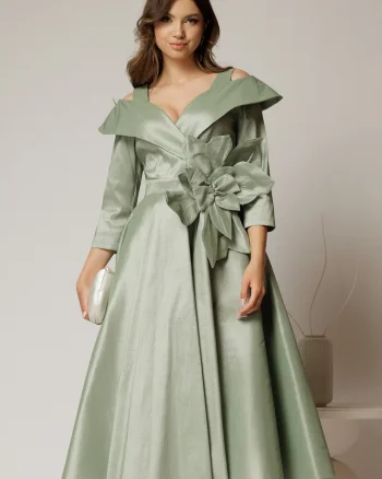 Rochie midi verde din tafta peliculizata cu floare ampla pe talie