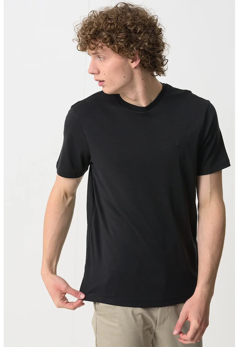 Tricou regular fit cu decolteu la baza gatului, Negru
