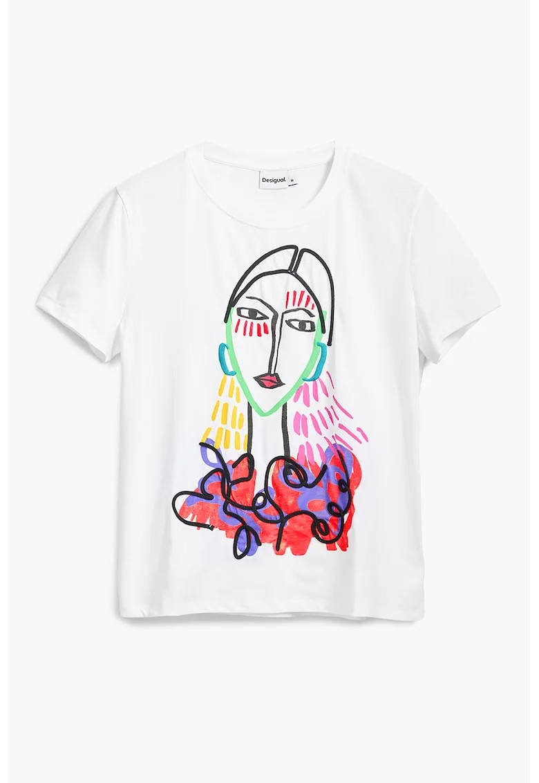 Tricou din bumbac cu imprimeu grafic, Alb/Verde/Roz