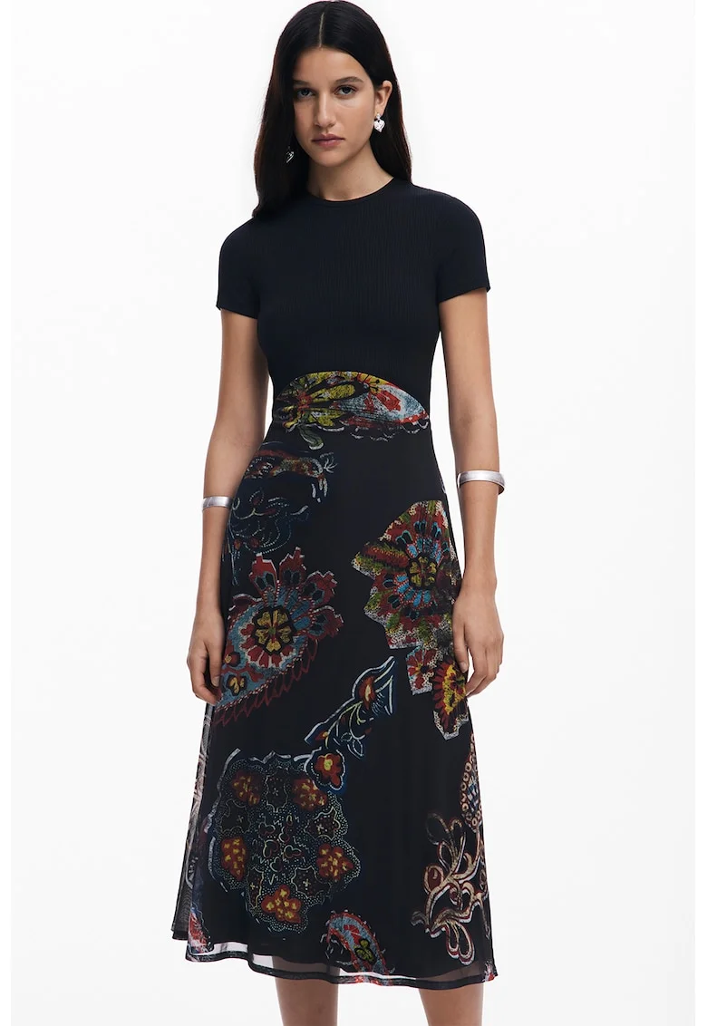 Rochie evazata cu model grafic, Rosu/Negru/Albastru