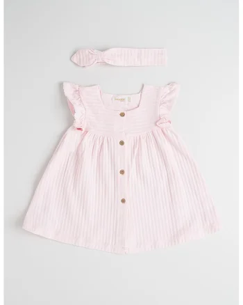 Set de rochie cu model in dungi si bentita - 2 piese, Roz pastel