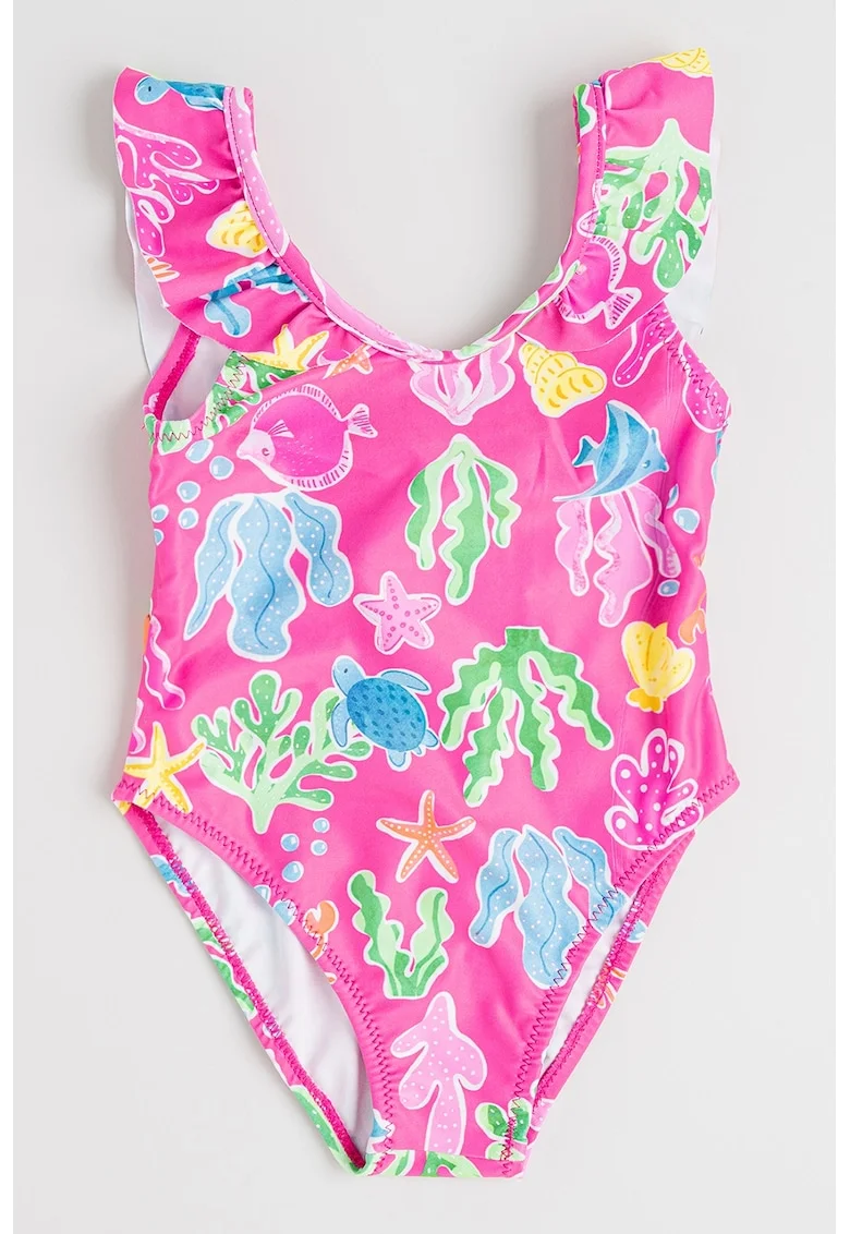 Costum de baie intreg cu model, Fucsia/Verde deschis
