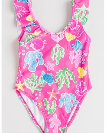 Costum de baie intreg cu model, Fucsia/Verde deschis