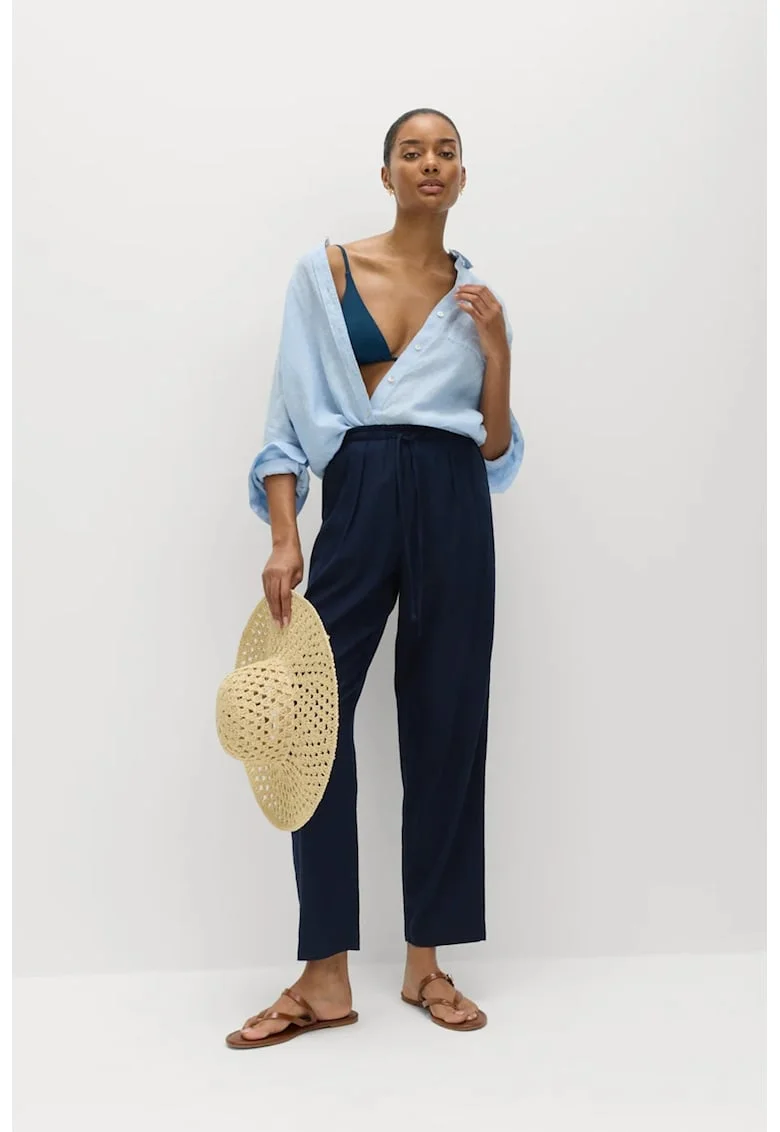 Pantaloni din amestec de in cu snur, Bleumarin