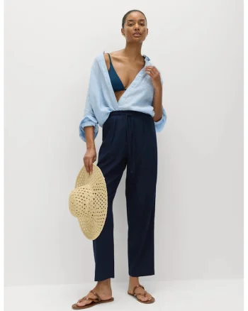 Pantaloni din amestec de in cu snur, Bleumarin