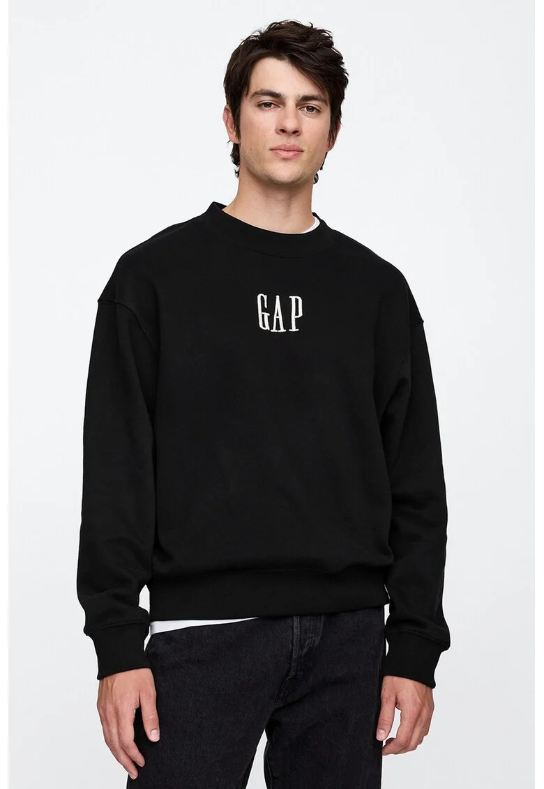 Bluza de trening relaxed fit cu logo si decolteu la baza gatului, Alb/Negru