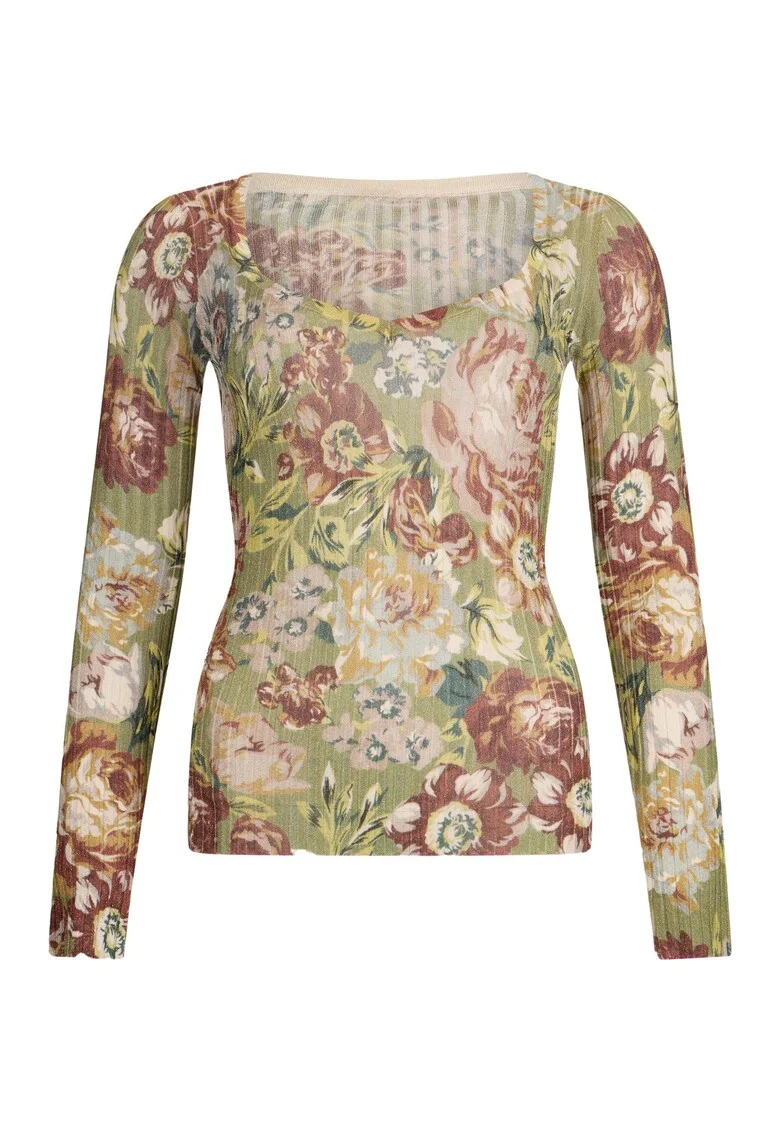 Bluza cambrata si model floral, Rosu/Verde/Crem
