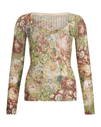 Bluza cambrata si model floral, Rosu/Verde/Crem