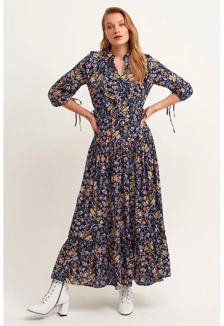 Rochie maxi cu garnituri cu volane si model, Maro/Violet/Albastru