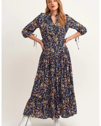 Rochie maxi cu garnituri cu volane si model, Maro/Violet/Albastru