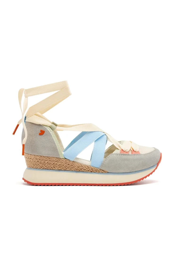 Pantofi cu talpa wedge si insertii din piele intoarsa, Rosu/Albastru