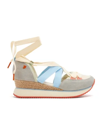 Pantofi cu talpa wedge si insertii din piele intoarsa, Rosu/Albastru