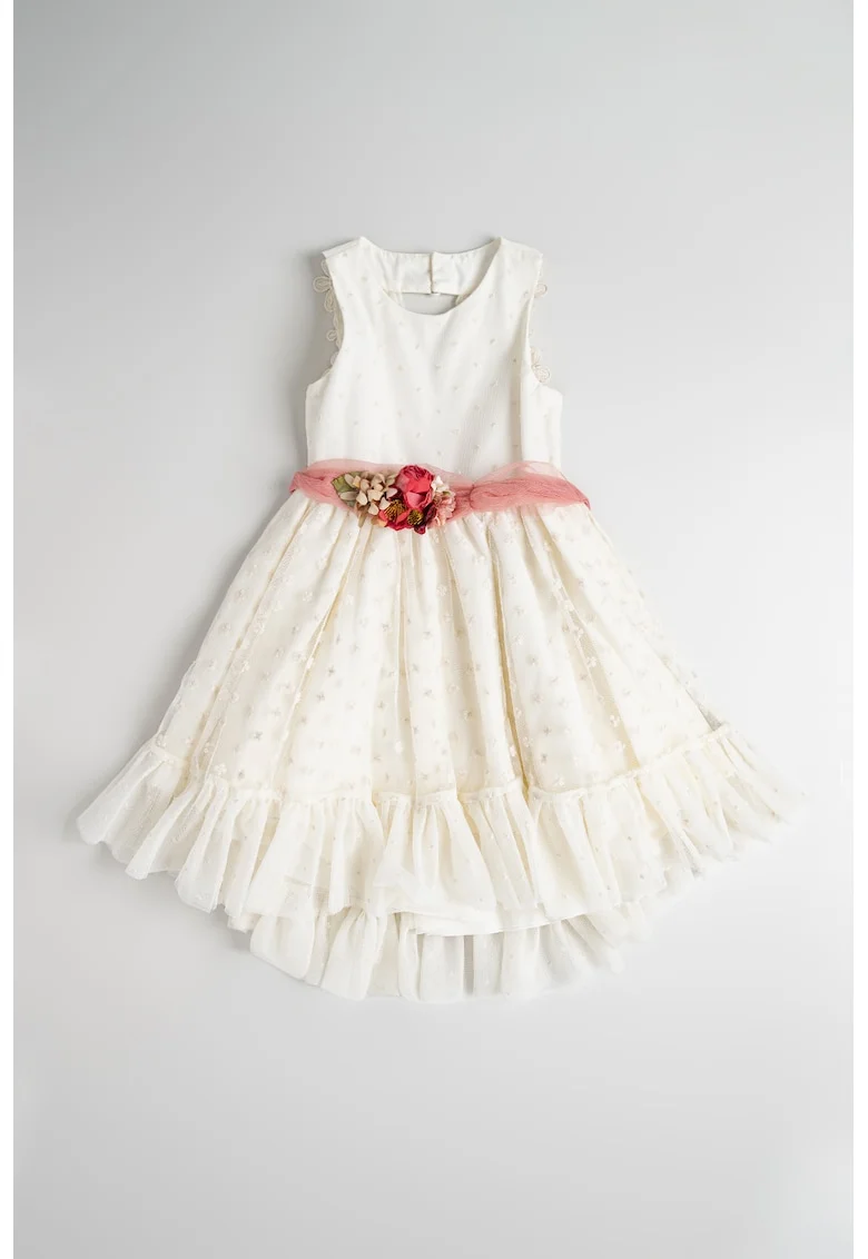 Rochie evazata cu detalii brodate, Alb fildes/Roz
