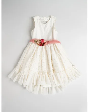 Rochie evazata cu detalii brodate, Alb fildes/Roz