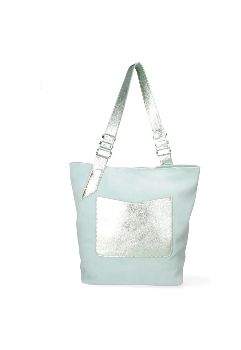 Geanta shopper de piele cu detalii metalizate, Albastru deschis