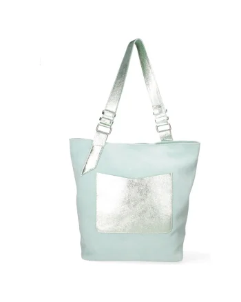 Geanta shopper de piele cu detalii metalizate, Albastru deschis