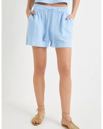 Pantaloni scurti din muslin cu snur de ajustare, Albastru deschis
