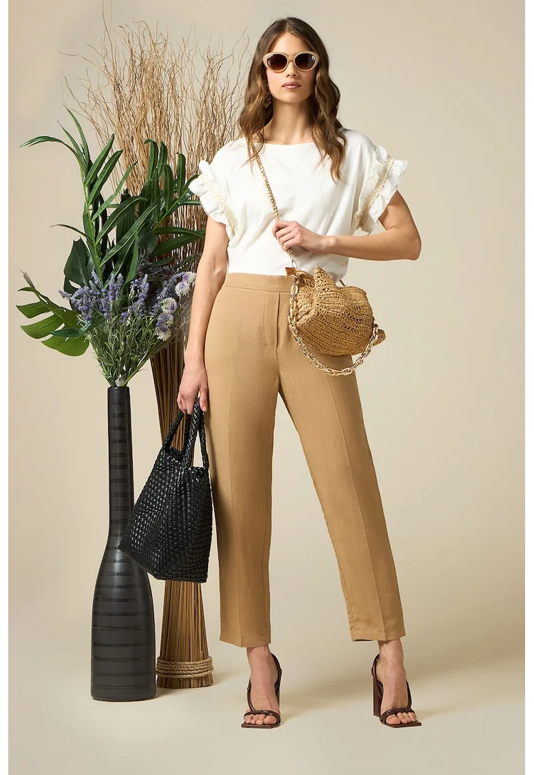 Pantaloni crop din amestec de in, Bej