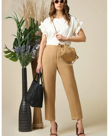 Pantaloni crop din amestec de in, Bej